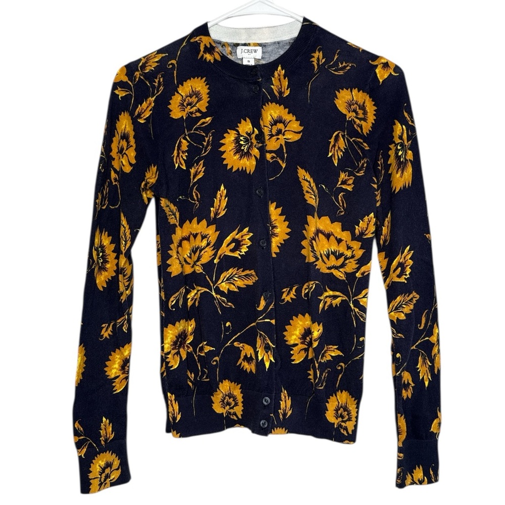 J.Crew Cotton Blue & Gold Women's Floral Button Front Sweater Small